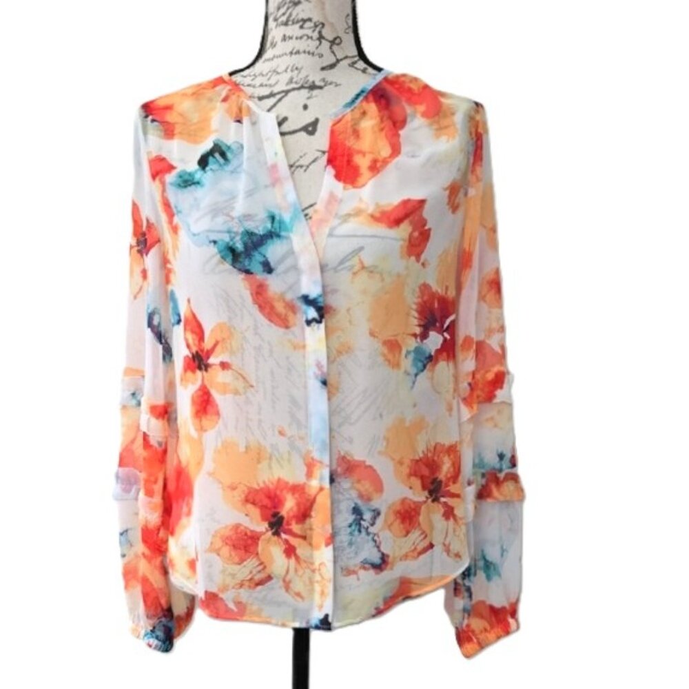 WHITE HOUSE BLACK MARKET SHEER RUFFLE SLEEVE ECRU FLORAL BLOUSE NEW XS